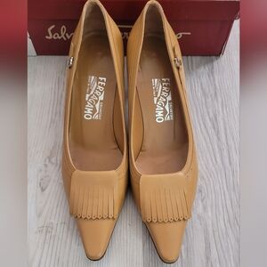 Salvatore Ferragamo Tan Leather Pointed Toe Fringe Pumps